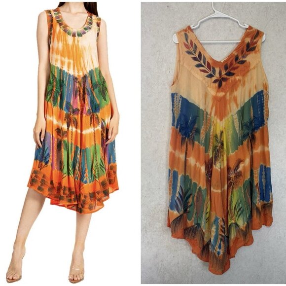 Womens Dress Tie Dye Embroidered Cover Up Tropical Palm Trees Beach FREE SIZE - Picture 1 of 16